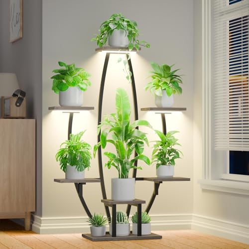 Image of Plant Stand Indoor with Grow Lights - 7 Tiered Corner Plant Shelf Indoor, 47 inch Tall Plant Stands for Indoor Plants Multiple, Metal Plant Rack Flower Holder for Living Room, Home Decor, Oak Grey