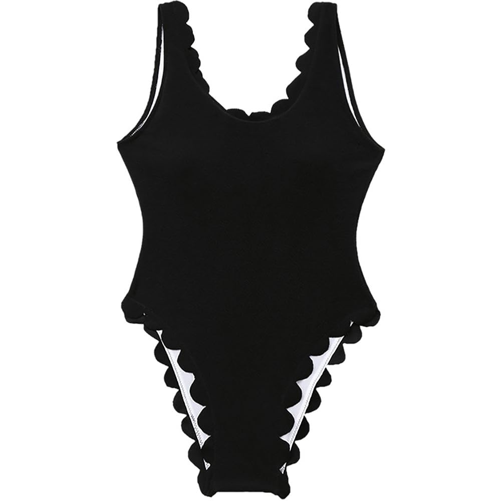 ワンピース水着 AGNEL Jewelry Monokini Black JewelryWe Women's Sexy Solid Black Scalloped Bathing Suit