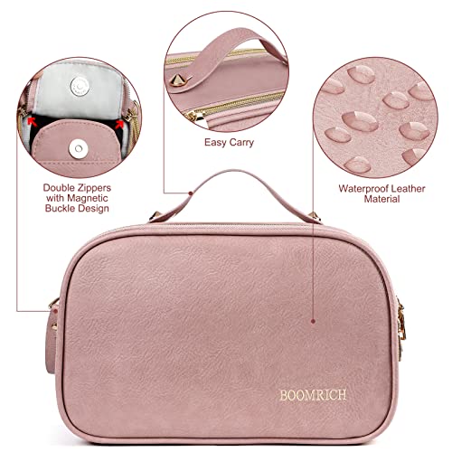 Boomrich Toiletry Bag For Women, Water-Resistant Leather Toiletry Organizer, Travel Cosmetic Bag Makeup Bag, Large Dopp Kit For Toiletries Accessories, Pink #TOP1