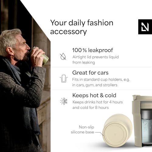 Image of LARS NYSOM Thermo Coffee Mug to go 13oz | Travel Mug 0.38 Liter with Insulation | Silicone grip base | Leak Proof Stainless Steel Tumbler for Coffee and Tea on the Go (Powder Beige, 13oz)