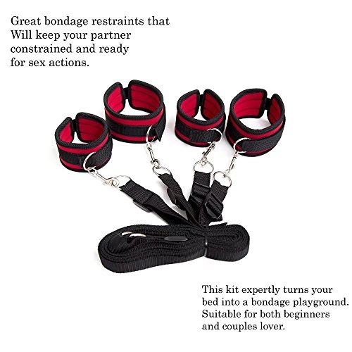 Woman\'s Bed Tied Straps Bedroom Couple Cuffs Set Game Set with Soft Adjustable Strap,ankle and Wrist Strap-RED