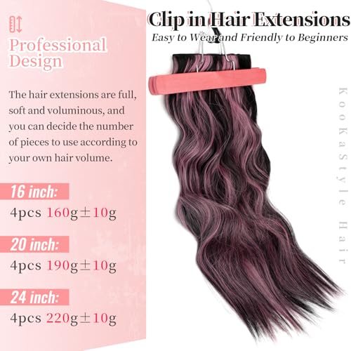 Image of KooKaStyle Wavy Thick Clip in Hair Extensions 20 inch Natural Black Pink | 4 Pieces Clip in Extensions,Fiber Double Weft Hairpieces,Natural Volume,Beach Wave Long Synthetic Hairpieces for Women