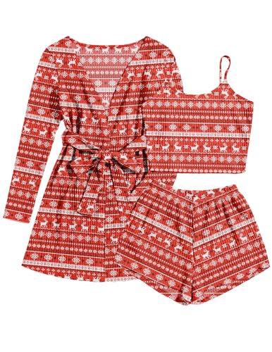 Image of Ekouaer Pajamas for Women Set 3 Piece Lounge Set Soft Pajama Sets Waffle Knit Tank Top and Shorts Cardigan with Pockets S-XXL