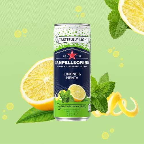 San Pellegrino Italian Tastefully Light Sparkling Lemon & Mint Canned Soft Drink 24 Pack (6 Pack x 4 x 330ml) | 74 kCals per Can