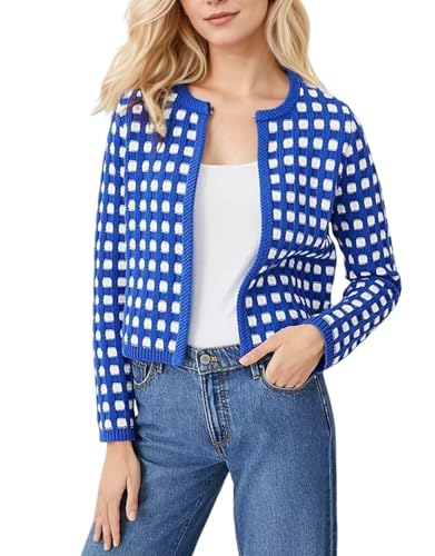 Kedera Women's Knit Crop Cardigans Long Sleeve Plaid Sweater Open Front Cable Crew Neck Button Sweaters