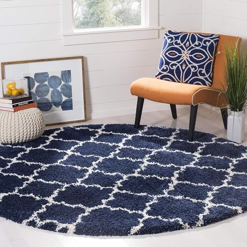 Image of Modern Shaggy Round Rug | Ultra-Soft Plush Circle Carpet for Living Room, Bedroom, Nursery | Fuzzy, Fluffy Area Rug with Non-Slip Base (Blue M II, 5x5 feet, Round)