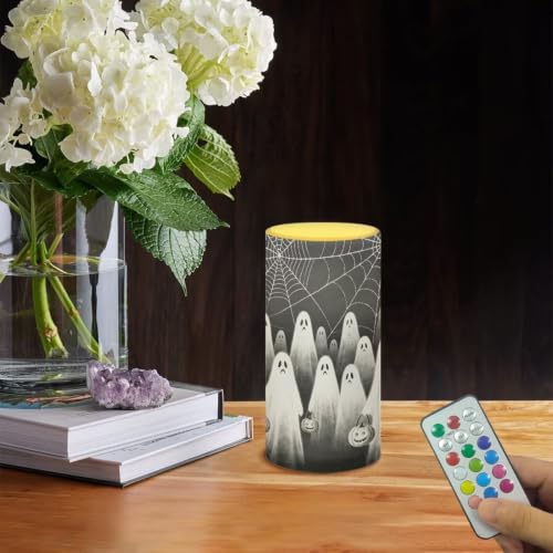 Image of Poceacles Flameless LED Candle Battery Powered Votive Lights Realistic Pillar Candle Decorative Tea Lights for Halloween Home Party Decor, Ghost Spider-Web Print Black Gray