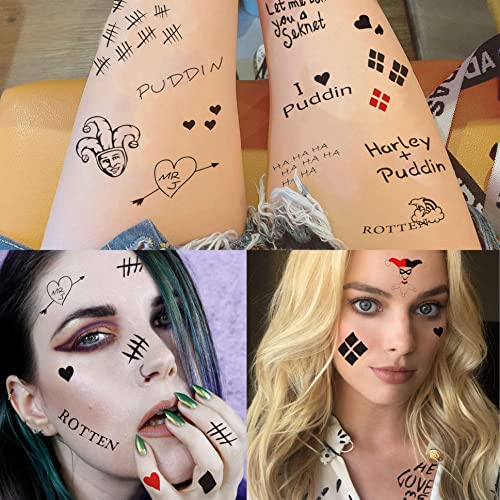 Yezunir 6 Sheets Harley Quinn Tattoos Temporary, The Joker Tattoos Suicide Squad Men Women Fake Tattoo Sticker For Adults, Harley Quinn Tattoos Birds Of Prey Halloween Costume Accessories Face Decals #TOP4