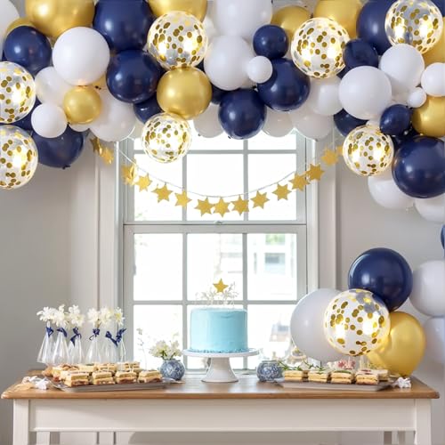 Image of Zesliwy Navy Blue Gold Confetti Balloons Set,50pcs 12inch Royal Dark Blue Metallic Gold White Latex Balloons with Ribbon for Birthday Wedding Graduation 2026 Bridal Shower Party Decorations