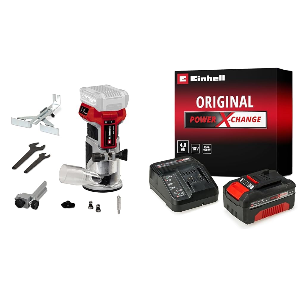 Einhell TP-ET 18 Li Bl - Solo Frezarka Krawędziowa, Szary/Czerwony, 40 mm & Einhell Power X-Change Akumulator z Ładowarką, Czarny/Czerwony, ‎12,8 x 10,5 x 5,7 cm; 1,13 kg