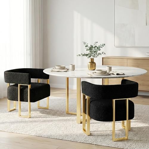Image of Boucle Dining Chairs Set 2, Black Upholstered Accent Armchairs, Gold Legs