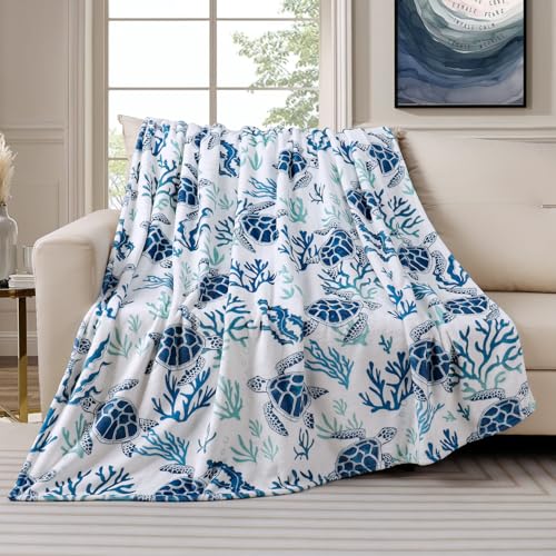 Tupmnbry Sea Turtle Throw Blanket Blue Ocean Turtle Coral Printed Blanket Super Soft Flannel Fleece Blankets Lightweight Fluffy Plush Bed Blankets for Bedding Sofa and Travel 50X60