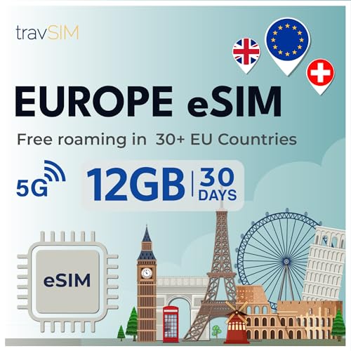 eSIM Europe pour voyager l'esprit léger | 12 Go Vodafone 4G/5G pendant 30 jours