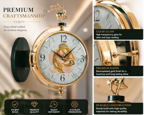 Image of Prakal Home Decor Double Sided Round Wall Mount Station Clocks Watchs Double Face Wall Clock Vintage Retro Metal Frame Glass Dial Cover (W8 Green)