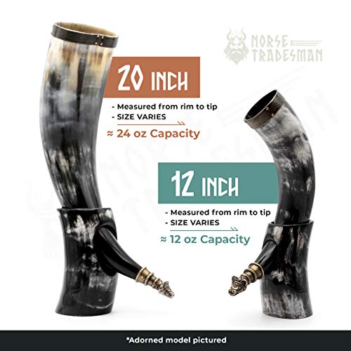 Norse Tradesman Genuine 20" Ox-Horn Viking Drinking Horn With Horn Stand & Brass Wolf Adornments | Burlap Gift Sack Included | "The Fenrir", Polished, 20-Inch