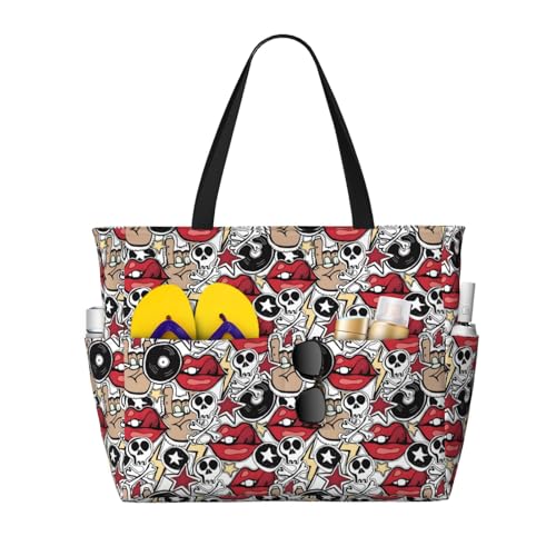 Large Beach Bags Water-resistant Sandproof lip skull Cute Beach