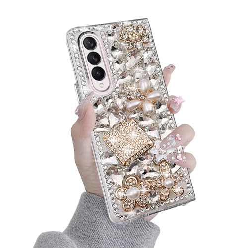 Omio for Galaxy Z Fold 4 5G Case Cute, 3D Handmade Sparkle Stunning Stones Crystal Rhinestones Diamond Bling Glitter Hard PC Phone Cover for Women Girls, White