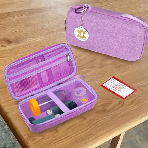 Image of MGZNMTY Travel Carrying Case Compatible with Asthma Inhaler Spacer for Adults and Children, Masks, Inhaler Holder with Asthma Alert Tag and Medical Card, Carabiner (Only Case) (Purple)