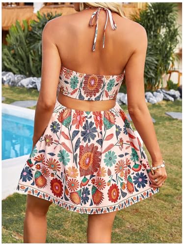 Image of Floerns Women's Floral Halter Neck Vacation Dress Sleeveless Cut Out Boho Cami Dress