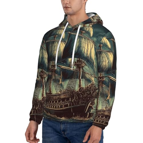 Men's Fleece Pullover Hoodie Long Sleeve Hooded Nautical Vintage Sailing Pirate Ship Sweatshirt Casual Shirts With Pockets Medium Black3