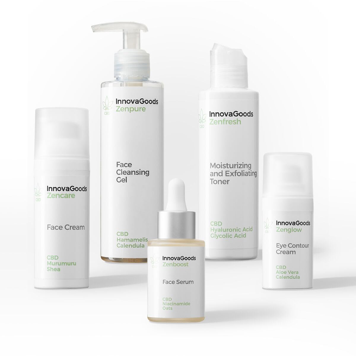 InnovaGoods® Skincare Set, 1 x Feuchtigkeitscreme, 1 x Augencreme, 1 x Gesichtsserum, 1 x Gesichtsreiniger, 1 x Gesichtsreiniger, 1 x Gesichtswasser, natürliche CBD-Inhaltsstoffe, spendet Feuchtigkeit