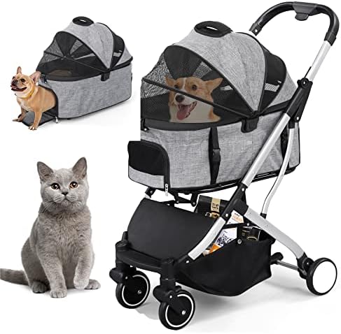 BOINN Pet Stroller, Dog Stroller for Small Medium Dog Cat with Detachable Carrier, Aluminum Alloy Frame Lightweight Foldable 4-Wheel Pet Gear Stroller Trolley for Travel Shopping Walking