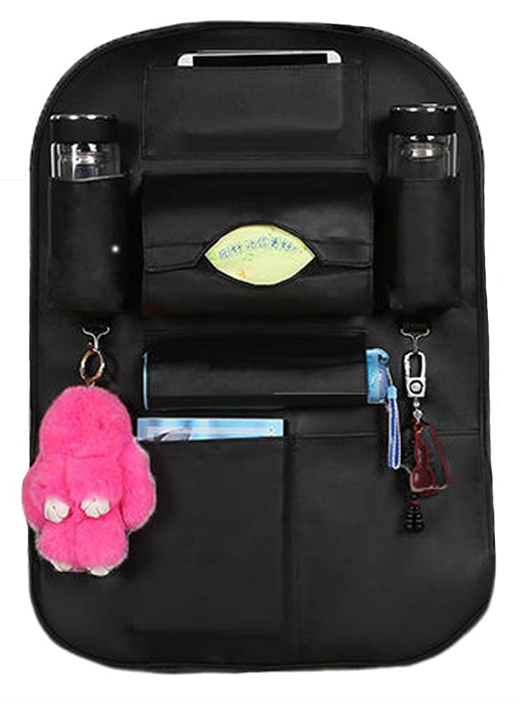Back Seat Organizer for Car, Water-Repellent Leather Car Seat Back Organizer with Protective iPad, Phone, Cup, Umbrella, Tissue / Seat Cover with 6 Pockets (C Black)