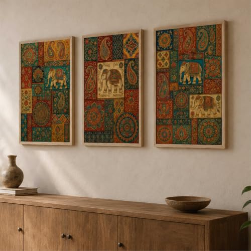 Image of Livin'luxe Set of 3 Rajasthani Elephant Patchwork Wall Paintings for Living Room Bedroom Home Decor with Premium Wooden Color Synthetic Frame (13.5 x 19.5 Inch) NM03-63