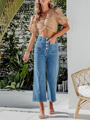 PLNOTME Womens High Waisted Cropped Jeans Trendy Wide Leg Tummy Control Capri Button Fly Denim Pants2
