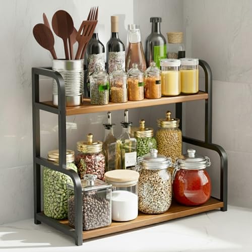 Image of ABJA Kitchen Countertop Organizer Corner Rack (Rustic Brown Arched, 2 Tier)