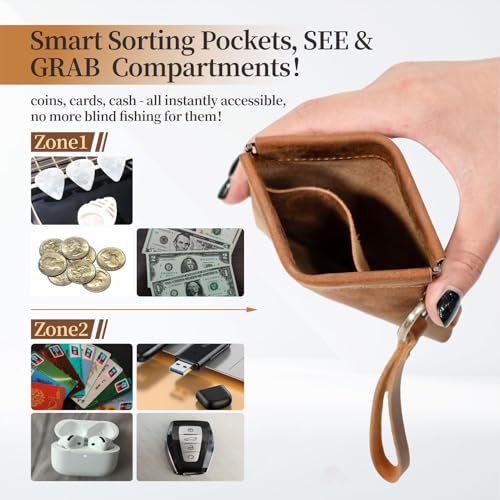 Leather Coin Purse with Wristlet, Aesthestyle Coin Pouch with Dual Interlayer, Card and Change Holder, Easy Clip on without Zipper, Squeeze Coin Wallet, Handmade Genuine Leather Wallet For Men/Women2