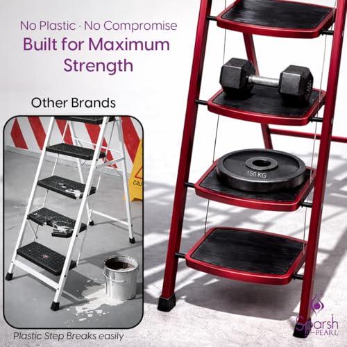 Image of Sparsh Pearl Steel Ladder for Home 4 Steps Foldable with Anti-Skid Wide Steps | 4 Step Ladder for Home Use with D-Shape Rods | Secure Lock | 150 Kg Capacity Folding Ladder | 5 Year Warranty (Red)