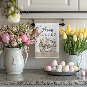 Beige bunny easter kitchen towels set of 2rabbits spring dish hand towels farmhouse indoor outdoor holiday seasonal decorations dd087  urban country home decor