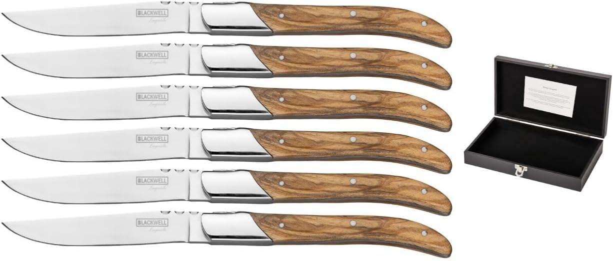 Blackwell Laguiole Lot de 6 couteaux à steak | Bois d'olivier | Lame lisse en acier inoxydable | 22,5 cm | Avec boîte cadeau