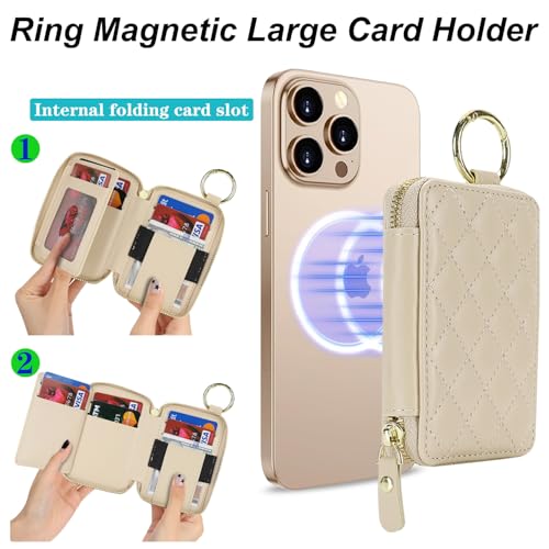 Image of Compatible with MagSafe Wallet,Magnetic Phone Wallet Card Holder for iPhone 17 /16 Pro Max /15 Pro /14 Plus /13 /12 Series,PU Leather Zipper Pocket Adjustable Stand-Beige