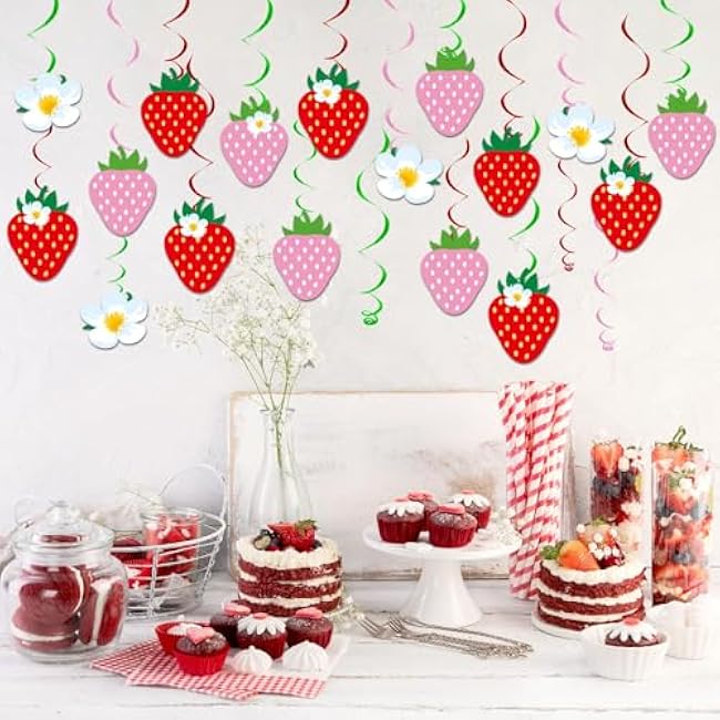 60 Pcs Strawberry Party Decorations Strawberry Birthday Banners Berry Theme First Birthday Hanging Swirl Ceiling for Kids Girls Baby Shower Party Favor Supplies