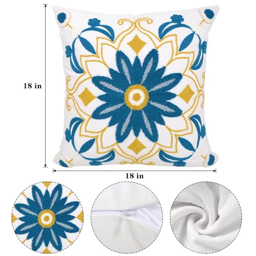 yuboo Set of 2 Embroidered Throw Pillow Covers 18x18 Inch - Classic Boho Floral 3D Textured Cushion Covers - Teal & Yellow Decorative Pillowcases for Sofa, Couch, Bed, Living Room — view 4