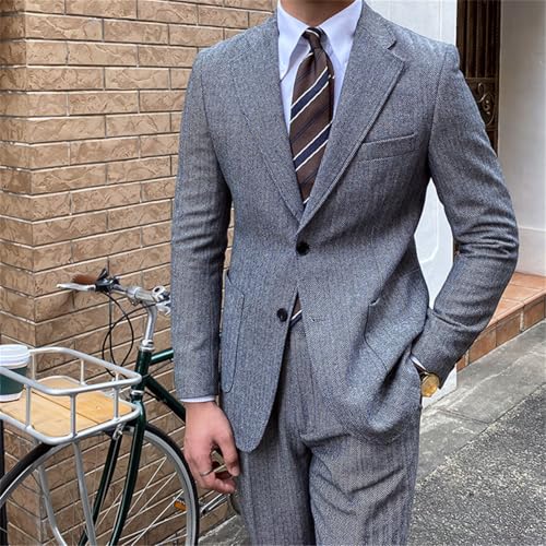 Mens 2 Pieces Tweed Herringbone Suit 2 Bottons Blazer Business Wedding Jacket Pants Tuxedo Set3