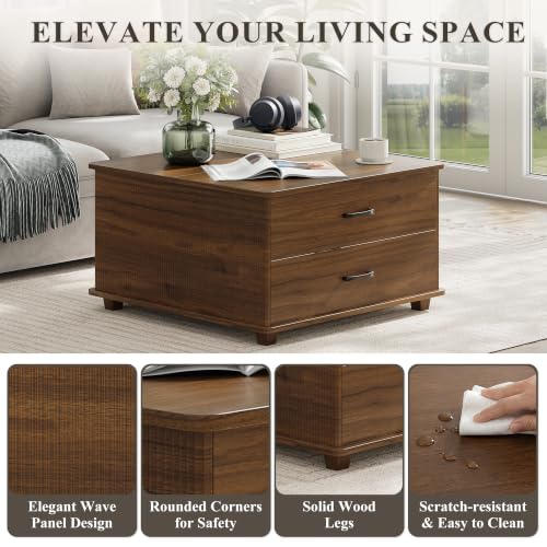 Image of MALOL Storage Coffee Table with 2 Drawers & Flip-Top Lid with Hidden Storage, Modern Fluted Wood Coffee Table, Solid Wood Legs, Square Center Table for Living Room, Walnut