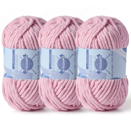 Image of 3 Pack Chunky Chenille Yarn for Crocheting, Baby Yarn for Crocheting Soft Blankets, Bulky Yarns for Crochet Amigurumi, 300g (223yds) Fluffy Velvet Yarns for Hand Knitting (3 Pale Pink)
