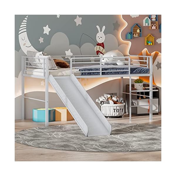 Giantex twin loft bed with slide metal low bunk bed wsafety guardrails built in ladder toddler bed floor frame for boys girls no box spring needed silver  urban country home decor