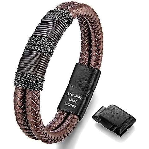 murtoo Mens Leather Bracelet, Brown Black Double Row Braided Leather Bracelets for Men with Steel Chain, Stylish Gift for Men Him (Brown, 3 Black Chain, 8") Cover