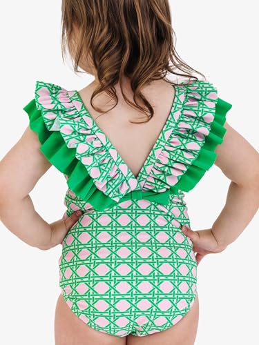 Image of RuffleButts Girls UPF50+ Sun Protection Ruffle V-Back One Piece Swimsuit