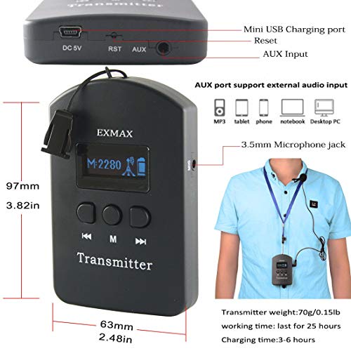 EXMAX EXD-6824 Sistema inalámbrico de guía turística 2.4G – Alcance de voz 328 pies, 2 transmisores, 30 receptores, Estuche de carga de 32 ranuras para enseñanza, entrenamiento, traducción en iglesia y reuniones silenciosas miniatura 4