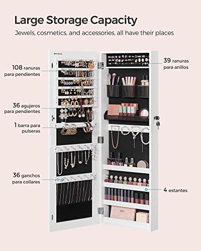 SONGMICS Armario Joyero, Espejo Joyero Montado en la Pared o en la Puerta, Espejo Colgante con Cerradura, 2 Organizadores de Maquillaje de Plástico Extraíbles, Idea de Regalo, Blanco JJC001W01