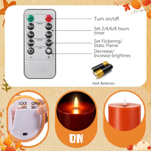 Image of Retisee 3 Pcs Fall 6 /8 /12 Inches Flameless LED Candles with Remote and 2 /4 /8h Timer Yellow Cream Orange Battery Electronic Wax Flickering Candles for Autumn Home Decor, Table Cozy Seasonal Gatherings