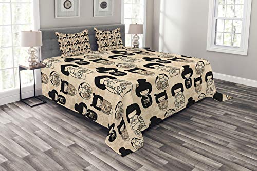 Ambesonne Ethnic Bedspread, Japanese Kokeshi Dolls with Sakura Flower Patterned Dresses Cultural Print, Decorative Quilted 3 Piece Coverlet Set with 2 Pillow Shams, Queen Size, Beige Black and Tan