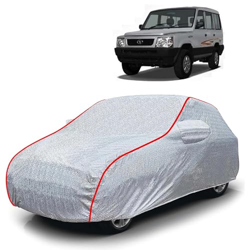 Image of Sulfar 100% Waterproof Car Body Cover Compatible with Mirror for Tata Victa (Triple Stitched, Full Bottom Elastic, Magic Silver with Red Piping)