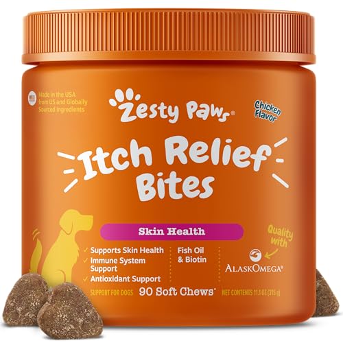 Zesty Paws Itch Relief for Dogs - Anti Itch Chews for Skin & Coat - Omega-3 Fish Oil with EPA & DHA - Dog Allergy Relief Chews Supplement - Vitamin C & E Antioxidants - Chicken Flavor - 90 Count