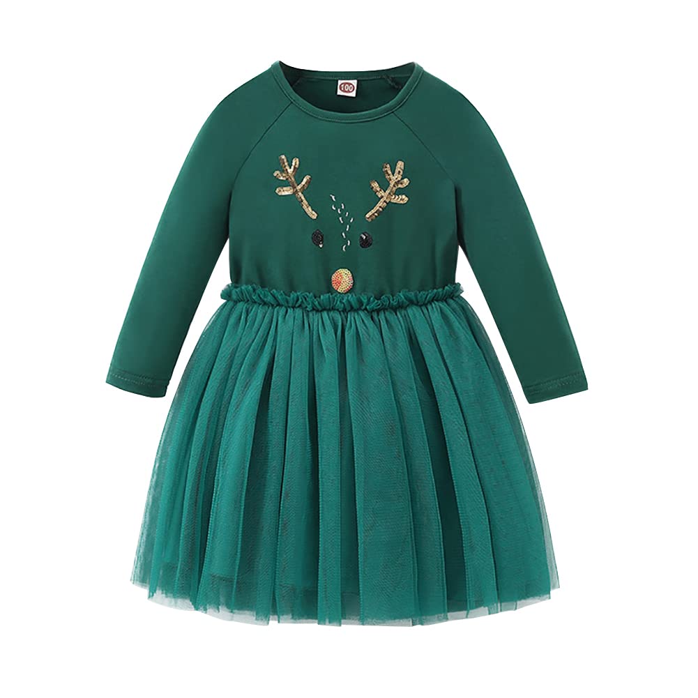 IMEKIS Niño bebé niña vestido de Navidad reno copo de nieve disfraz de princesa Shiny tul tutú algodón manga larga otoño invierno ropa con diadema Fancy Party Outfit, verde, 7-8 Años